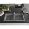 Mexen Mario granite kitchen sink 2-compartment with Savita kitchen faucet, gray - 6504-71-672601-70-B