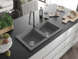 Mexen Mario granite sink 2-bowl with Savita kitchen tap, grey - 6504-71-672601-71