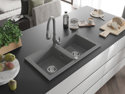 Mexen Mario gray granite 2-bowl sink with Savita kitchen faucet - 6504-71-672601-71