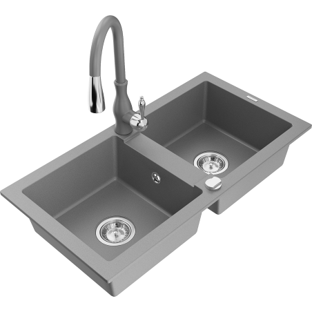 Mexen Mario 2-bowl granite sink with Savita kitchen faucet, gray - 6504-71-672601-71