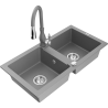 Mexen Mario gray granite 2-bowl sink with Savita kitchen faucet - 6504-71-672601-71