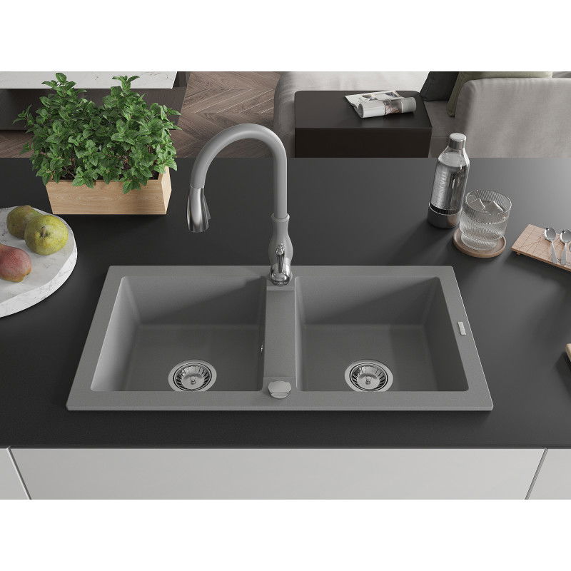 Mexen Mario granite sink 2-bowl with Savita kitchen tap, grey - 6504-71-672601-71