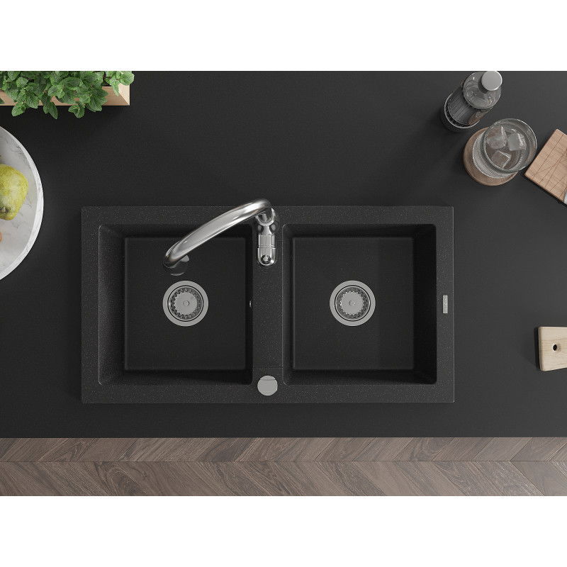 Mexen Mario 2-bowl granite sink with Savita kitchen tap, black/silver metallic - 6504-73-672601-00