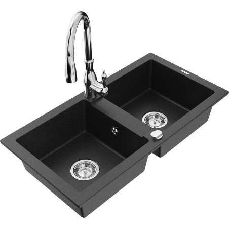 Mexen Mario 2-bowl granite sink with Savita kitchen tap, black/silver metallic - 6504-73-672601-00