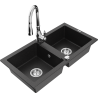 Mexen Mario 2-bowl granite sink with Savita kitchen tap, black/silver metallic - 6504-73-672601-00