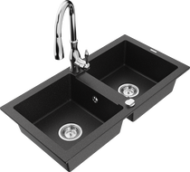 Mexen Mario 2-bowl granite sink with Savita kitchen faucet, black/silver metallic - 6504-73-672601-00