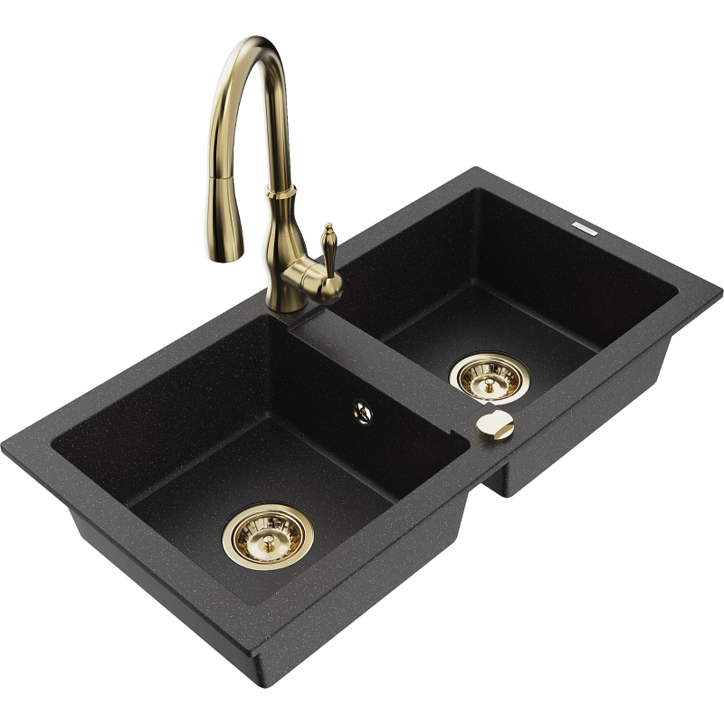 Mexen Mario 2-compartment granite sink with a kitchen mixer tap Savita, Black/Silver metallic - 6504-73-672601-50