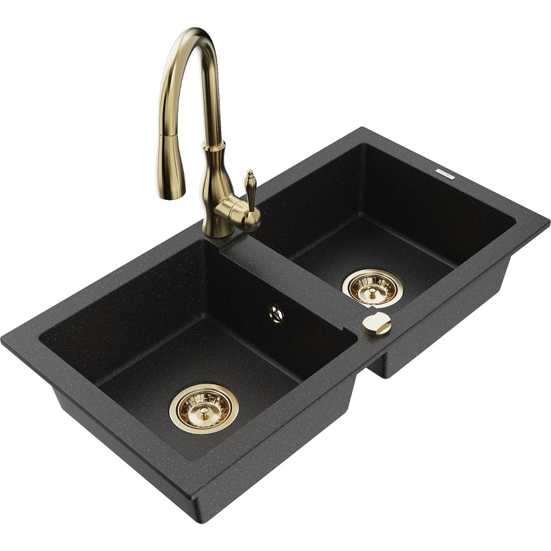 Mexen Mario granite kitchen sink 2-compartment with Savita kitchen faucet, black/silver metallic - 6504-73-672601-50