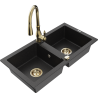 Mexen Mario granite double-bowl sink with Savita kitchen faucet, black/silver metallic - 6504-73-672601-50