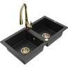 Mexen Mario granite kitchen sink 2-compartment with Savita kitchen faucet, black/silver metallic - 6504-73-672601-50