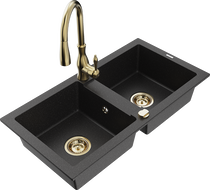 Mexen Mario granite kitchen sink 2-compartment with Savita kitchen faucet, black/silver metallic - 6504-73-672601-50