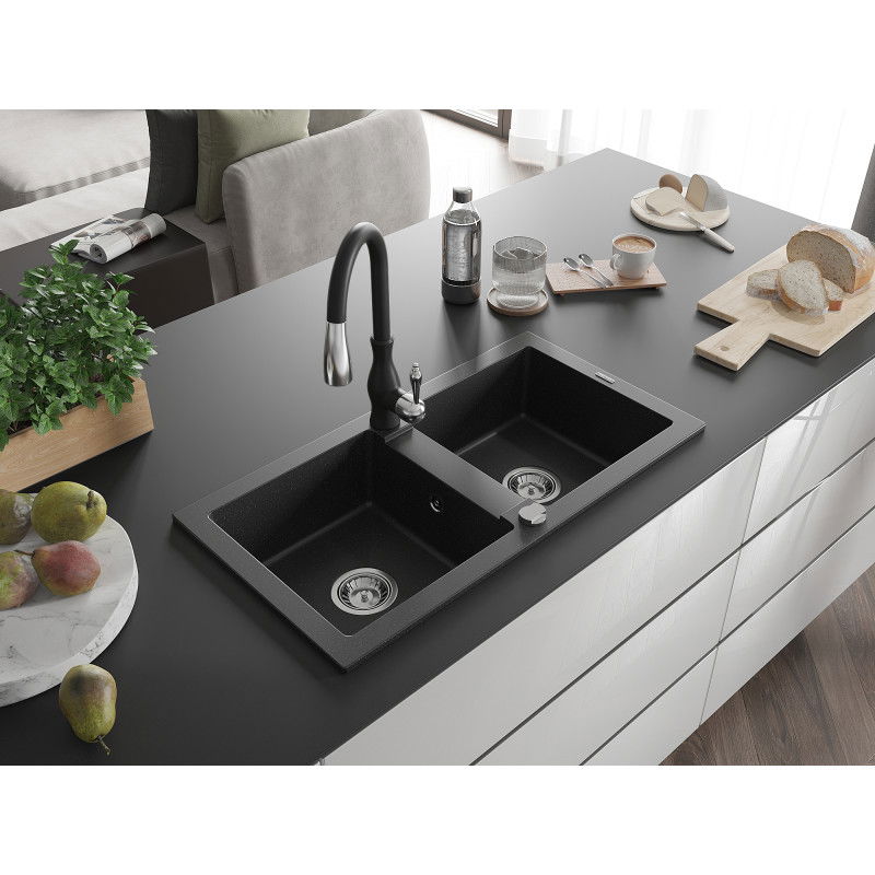 Mexen Mario granite 2-bowl sink with Savita kitchen tap, black/silver metallic - 6504-73-672601-70