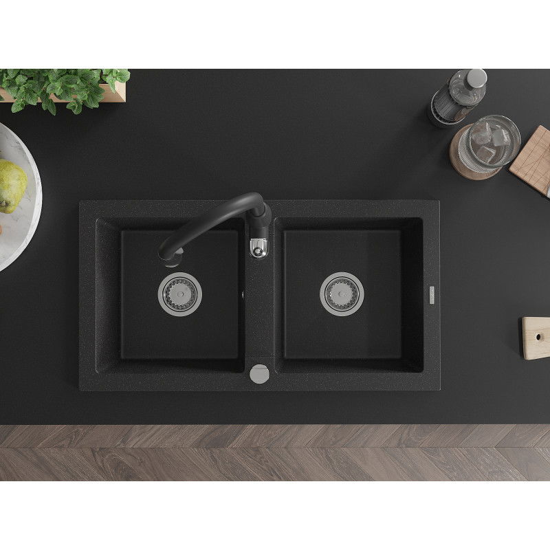 Mexen Mario granite 2-bowl sink with Savita kitchen tap, black/silver metallic - 6504-73-672601-70