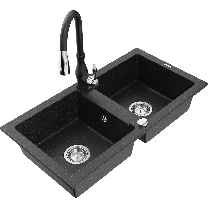 Mexen Mario 2-compartment granite sink with a kitchen mixer tap Savita, Black/Silver metallic - 6504-73-672601-70