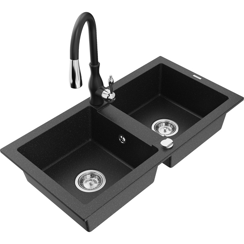 Mexen Mario granite kitchen sink 2-bowl with Savita faucet, black/silver metallic - 6504-73-672601-70