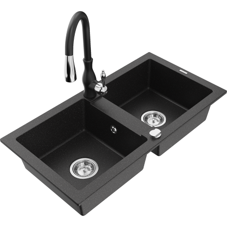 Mexen Mario granite double-bowl kitchen sink with Savita kitchen faucet, black/silver metallic - 6504-73-672601-70