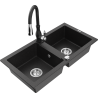 Mexen Mario granite kitchen sink 2-bowl with Savita faucet, black/silver metallic - 6504-73-672601-70
