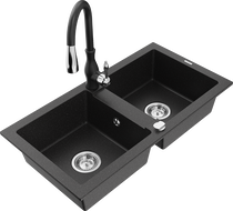 Mexen Mario granite double-bowl kitchen sink with Savita kitchen faucet, black/silver metallic - 6504-73-672601-70