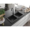 Mexen Mario 2-bowl granite kitchen sink with Savita kitchen faucet, black/silver metallic - 6504-73-672601-70-B