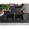 Mexen Mario granite double-bowl kitchen sink with Savita faucet, black/silver metallic - 6504-73-672601-70-B