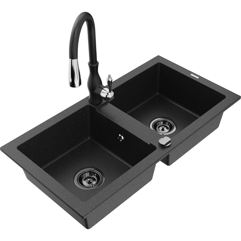 Mexen Mario granite double-bowl kitchen sink with Savita faucet, black/silver metallic - 6504-73-672601-70-B