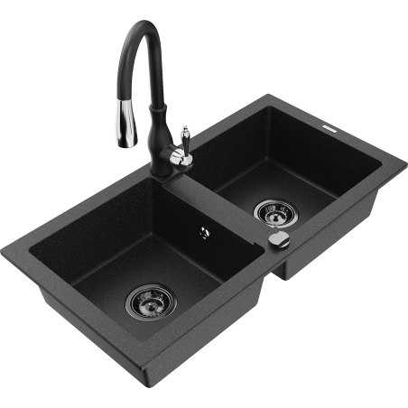 Mexen Mario 2-bowl granite kitchen sink with Savita kitchen faucet, black/silver metallic - 6504-73-672601-70-B