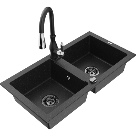 Mexen Mario granite double-bowl kitchen sink with Savita faucet, black/silver metallic - 6504-73-672601-70-B