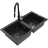 Mexen Mario granite double-bowl kitchen sink with Savita faucet, black/silver metallic - 6504-73-672601-70-B
