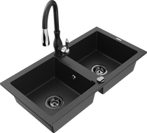 Mexen Mario 2-bowl granite kitchen sink with Savita kitchen faucet, black/silver metallic - 6504-73-672601-70-B