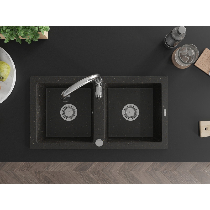 Mexen Mario granite double bowl sink with Savita kitchen faucet, black/gold metallic - 6504-75-672601-00