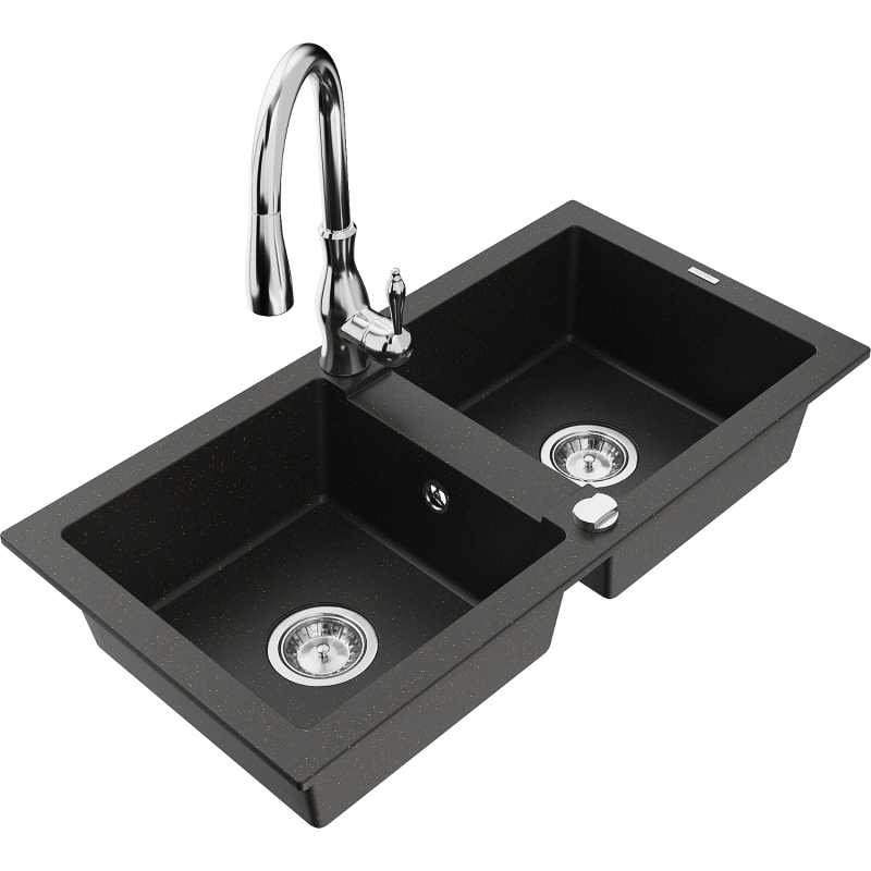 Mexen Mario 2-compartment granite sink with a kitchen mixer tap Savita, Black/Gold metallic - 6504-75-672601-00