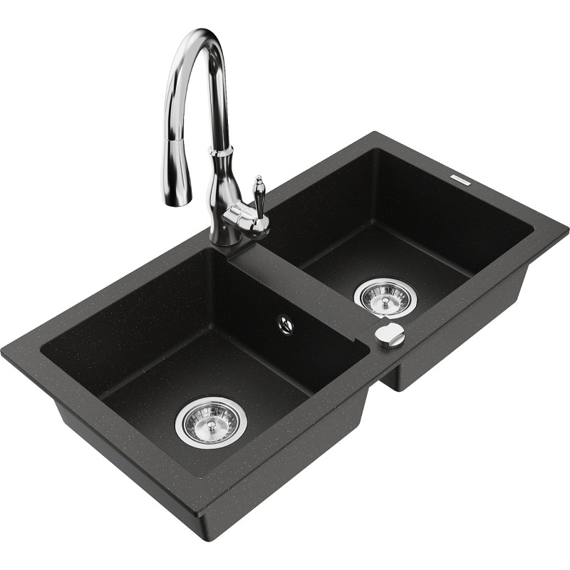 Mexen Mario granite double bowl sink with Savita kitchen faucet, black/gold metallic - 6504-75-672601-00