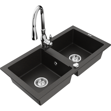 Mexen Mario granite double bowl sink with Savita kitchen faucet, black/gold metallic - 6504-75-672601-00