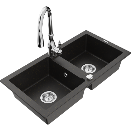 Mexen Mario granite sink 2-chamber with Savita kitchen tap, black/gold metallic - 6504-75-672601-00