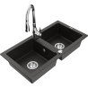 Mexen Mario granite double bowl sink with Savita kitchen faucet, black/gold metallic - 6504-75-672601-00