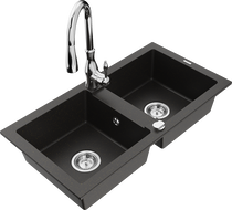 Mexen Mario granite double-bowl sink with Savita kitchen faucet, black/gold metallic - 6504-75-672601-00