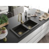 Mexen Mario granite kitchen sink 2-chamber with Savita kitchen faucet, black/gold metallic - 6504-75-672601-50