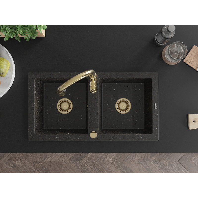 Mexen Mario granite kitchen sink 2-bowl with Savita kitchen faucet, black/gold metallic - 6504-75-672601-50