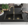 Mexen Mario granite kitchen sink 2-bowl with Savita kitchen faucet, black/gold metallic - 6504-75-672601-50