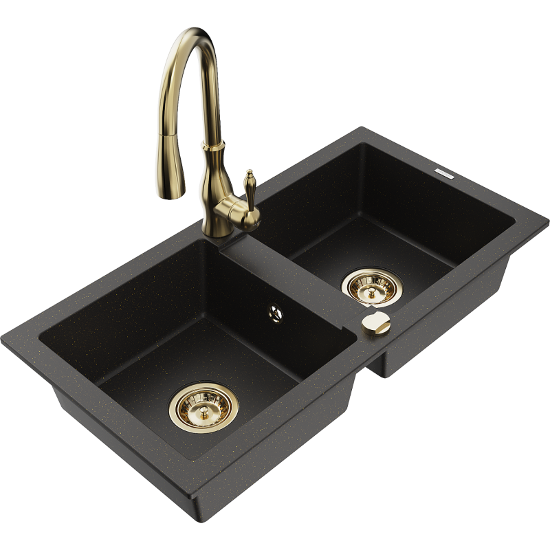 Mexen Mario 2-compartment granite sink with a kitchen mixer tap Savita, Black/Gold metallic - 6504-75-672601-50