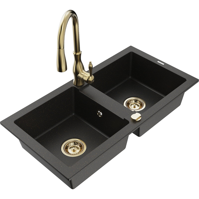 Mexen Mario granite kitchen sink 2-bowl with Savita kitchen faucet, black/gold metallic - 6504-75-672601-50