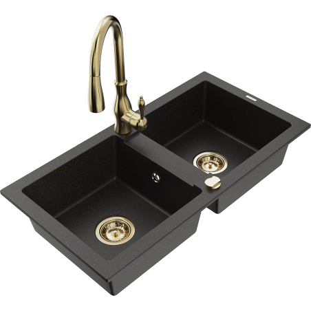 Mexen Mario granite kitchen sink 2-chamber with Savita kitchen faucet, black/gold metallic - 6504-75-672601-50