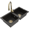 Mexen Mario granite kitchen sink 2-bowl with Savita kitchen faucet, black/gold metallic - 6504-75-672601-50