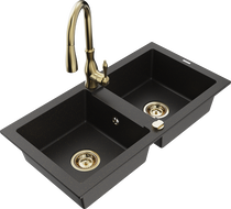 Mexen Mario granite kitchen sink 2-chamber with Savita kitchen faucet, black/gold metallic - 6504-75-672601-50