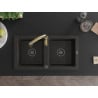 Mexen Mario granite 2-bowl sink with Savita kitchen tap, black/gold metallic - 6504-75-672601-50-B