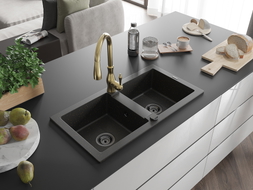 Mexen Mario granite double-bowl kitchen sink with Savita faucet, black/golden metallic - 6504-75-672601-50-B