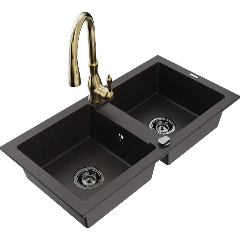 Mexen Mario 2-compartment granite sink with a kitchen mixer tap Savita, Black/Gold metallic - 6504-75-672601-50-B