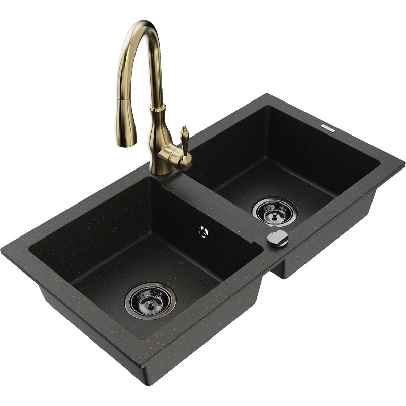 Mexen Mario 2-compartment granite sink with Savita kitchen faucet, black/gold metallic - 6504-75-672601-50-B