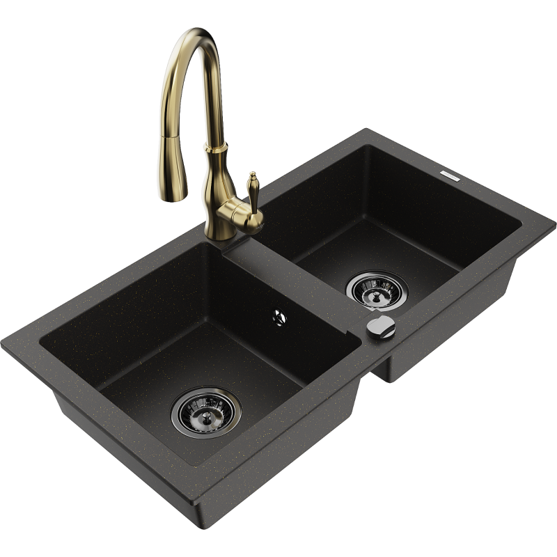 Mexen Mario granite 2-bowl sink with Savita kitchen tap, black/gold metallic - 6504-75-672601-50-B