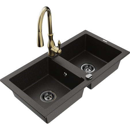 Mexen Mario granite 2-bowl sink with Savita kitchen tap, black/gold metallic - 6504-75-672601-50-B